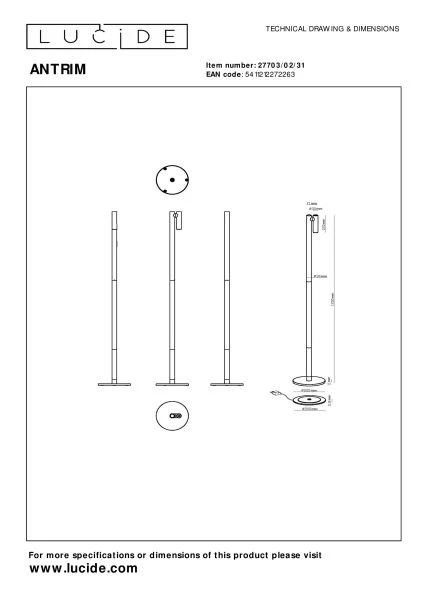 Lucide ANTRIM - Lampadaire / lampe de lecture Rechargeable Intérieur/Extérieur - Batterie/Piles - LED Dim. - 1x2,2W 2700K - IP54 - Avec station de charge sans fil - Blanc - technique